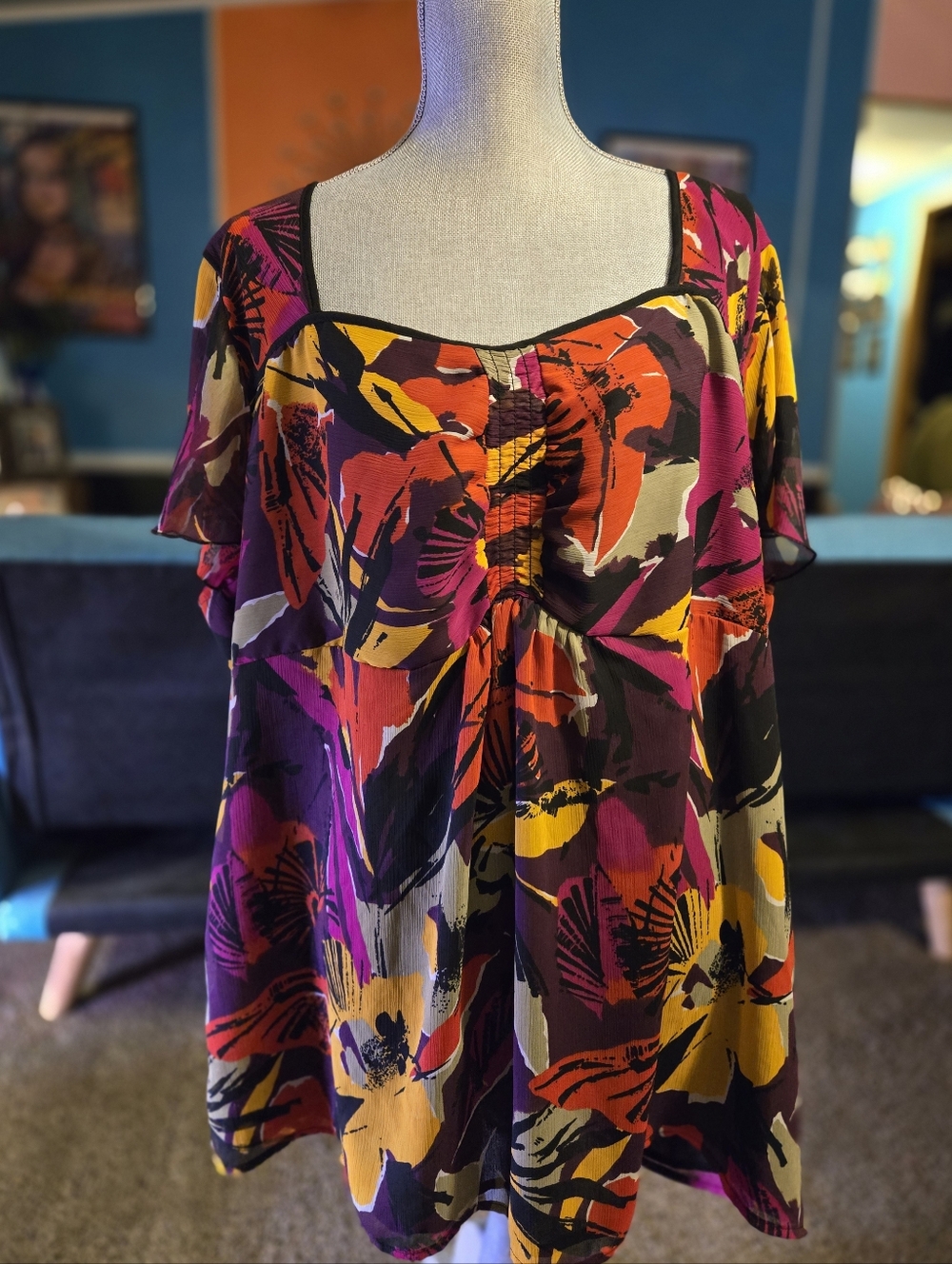 Lane Bryant Top US Womens Plus Size 26-28 Red Yellow Black Square Neck Flutter